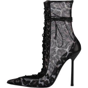 Women's Leopard Kitten High Heels Mesh Ankle Pointed Toe Lace-up Short Booties